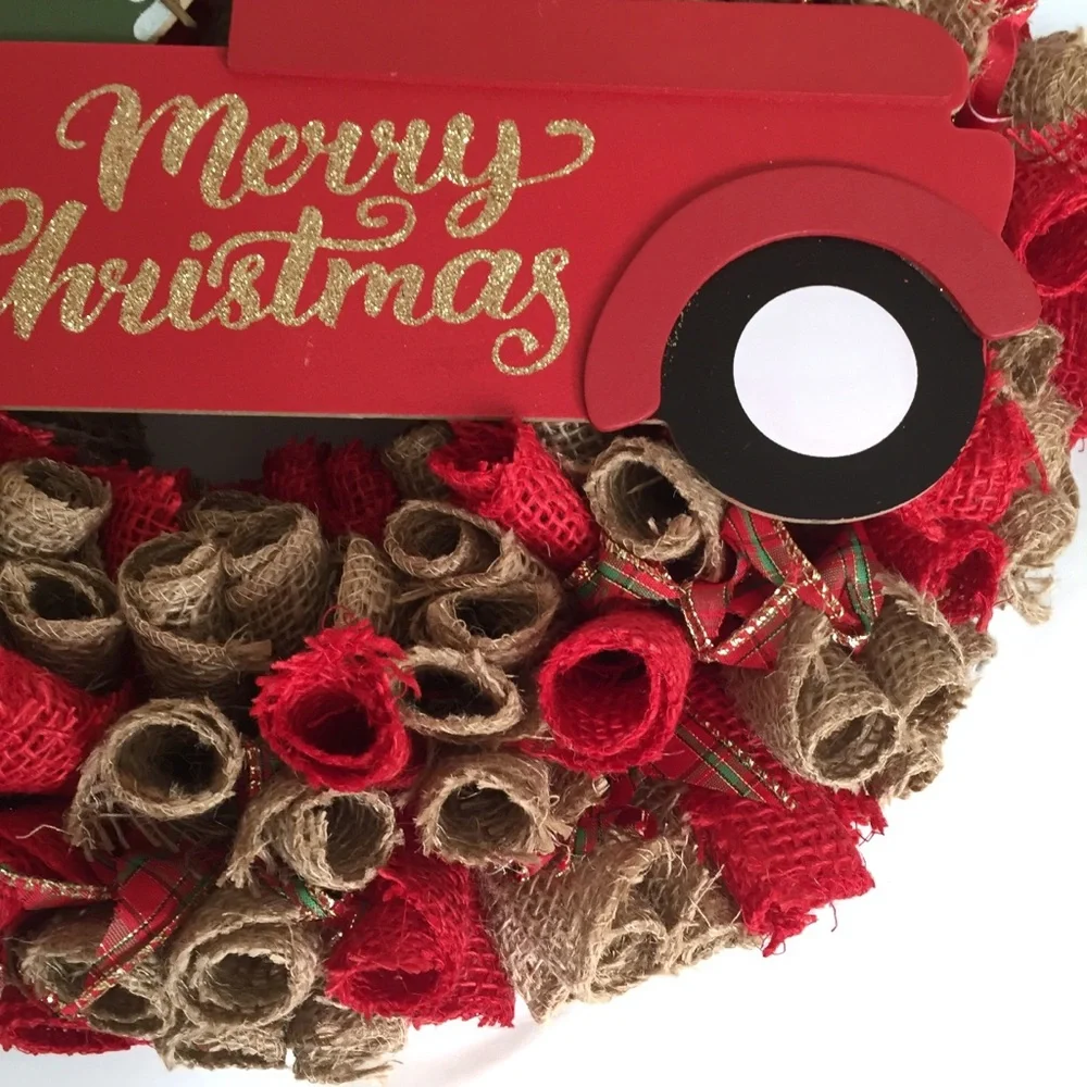 Hand Crafted Christmas Holiday Wreath Red Tan Burlap with Hanger and Storage Bag